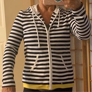Black & white striped hoodie Talbots petite small yellow full zip front pockets